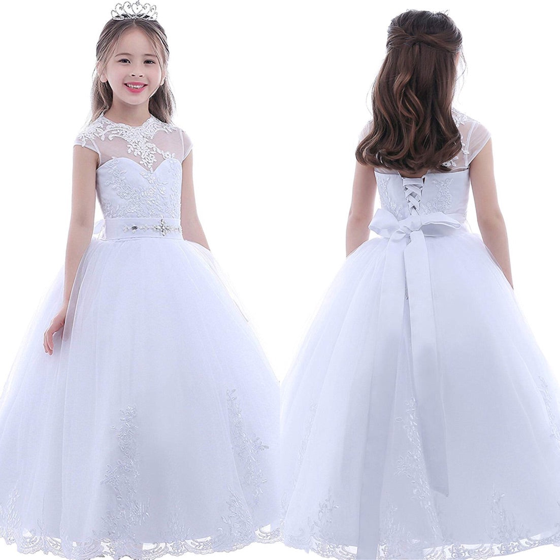 Tulle First Communion Dress Flower Girl Dress for Wedding Lace Up A line Puffy Appliques Girl Prom Dress