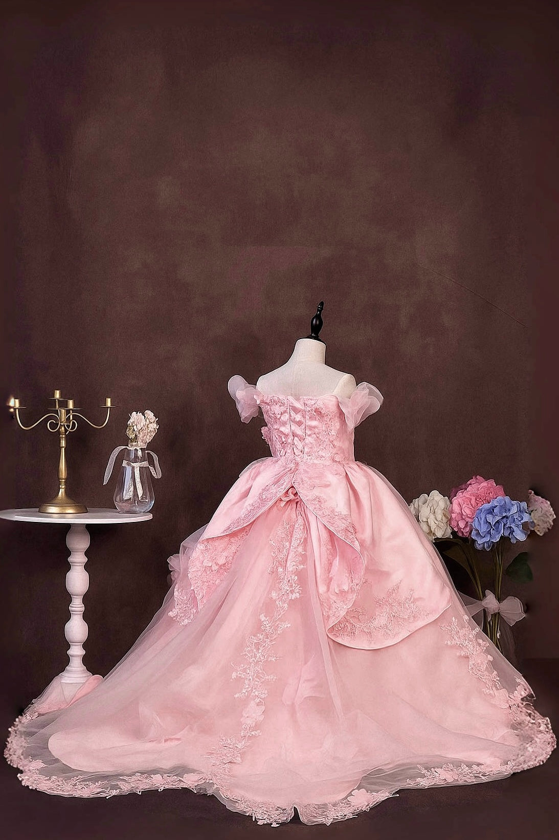 3D Flowers Quinceanera Dresses with Long Train Off Shoulder Ball Gown Ruffled Sleeves Puffy Princess Dress