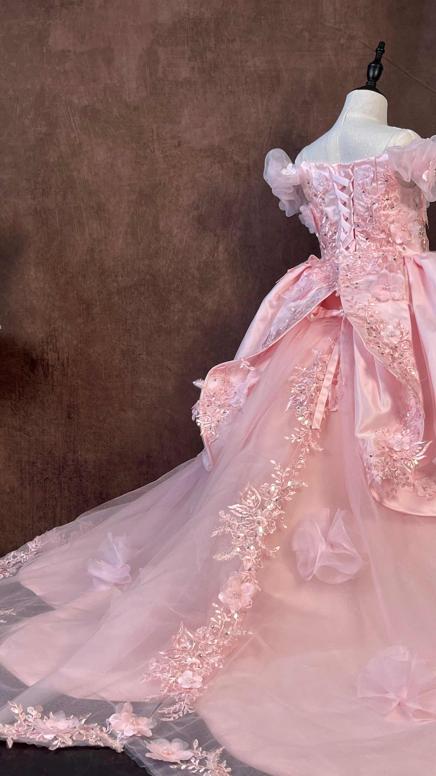 3D Flowers Quinceanera Dresses with Long Train Off Shoulder Ball Gown Ruffled Sleeves Puffy Princess Dress