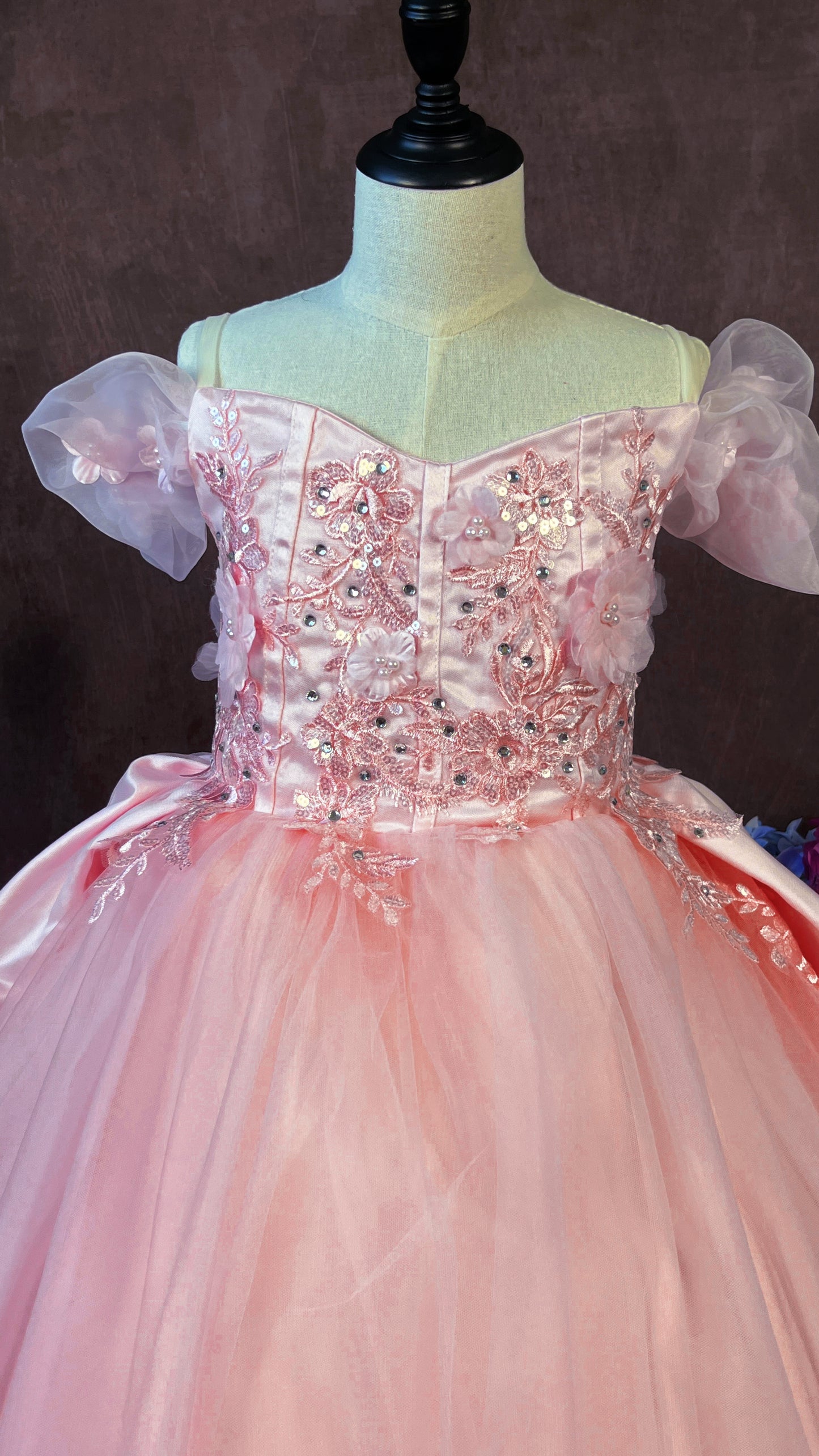 3D Flowers Quinceanera Dresses with Long Train Off Shoulder Ball Gown Ruffled Sleeves Puffy Princess Dress