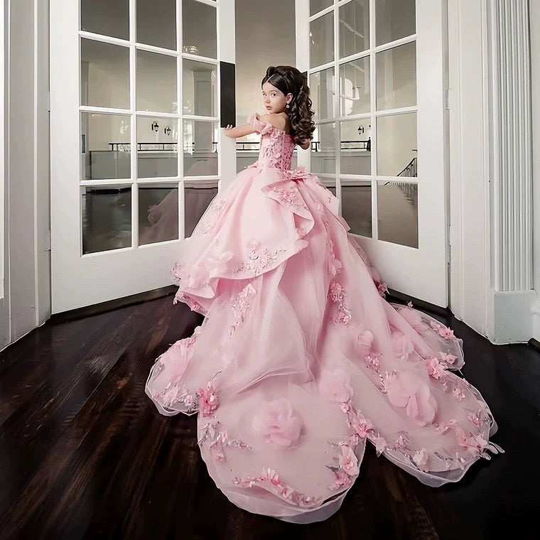 3D Flowers Quinceanera Dresses with Long Train Off Shoulder Ball Gown Ruffled Sleeves Puffy Princess Dress