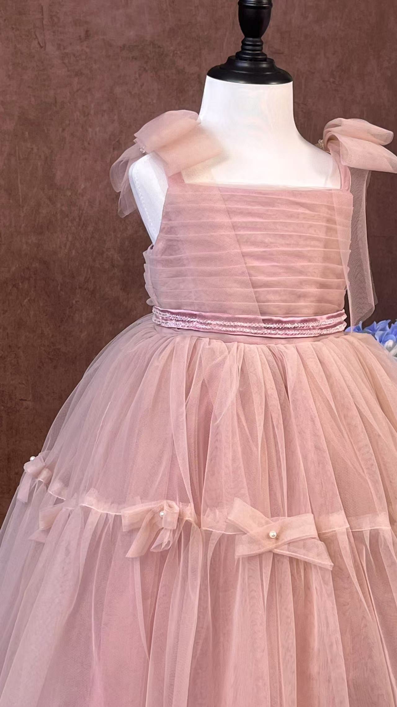 Fairy Flower Girl Dress for Wedding Pink Tulle Pageant Dress for Girls 7-16 Princess Junior Bridesmaid Dress with Bows