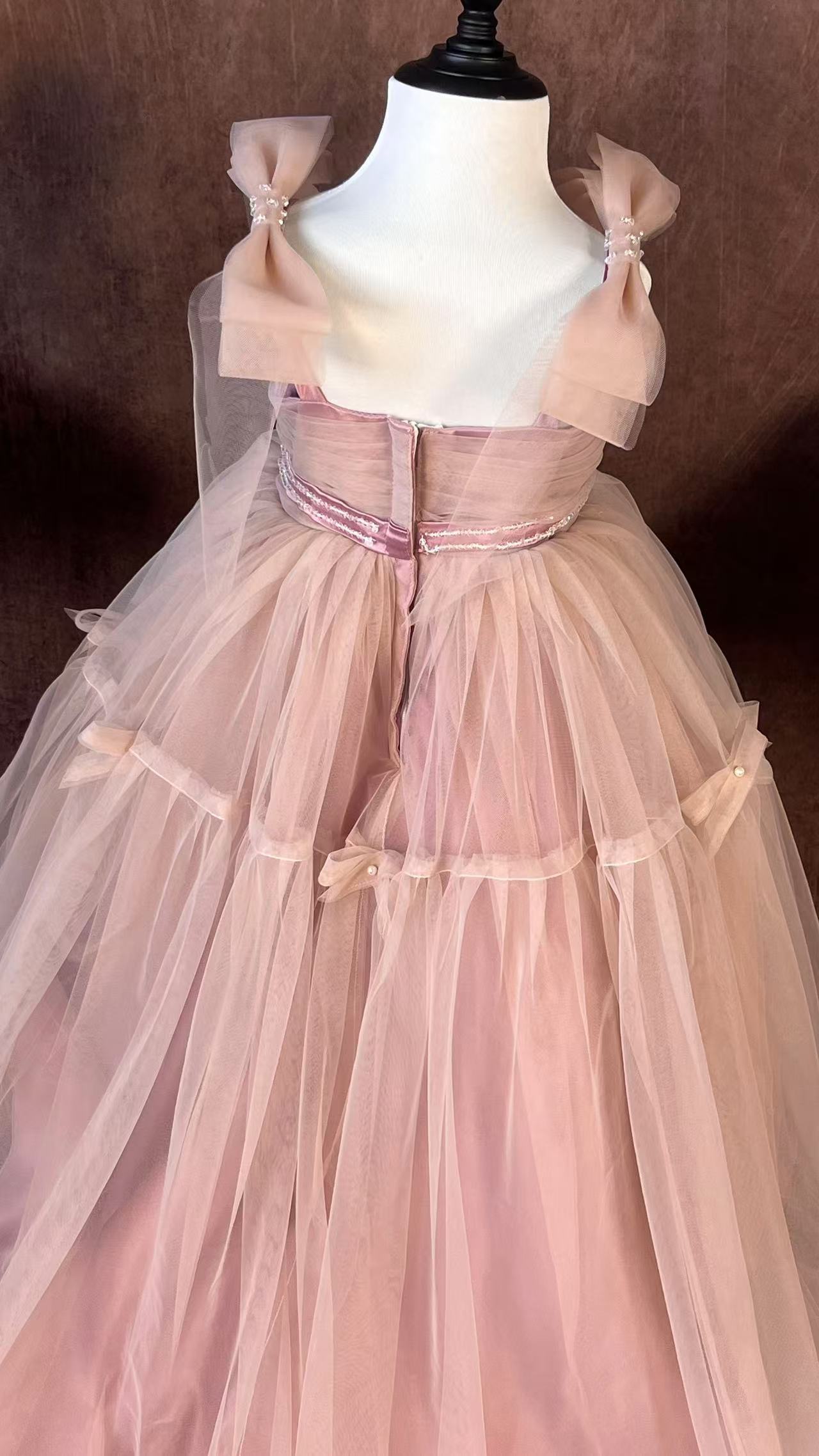 Fairy Flower Girl Dress for Wedding Pink Tulle Pageant Dress for Girls 7-16 Princess Junior Bridesmaid Dress with Bows