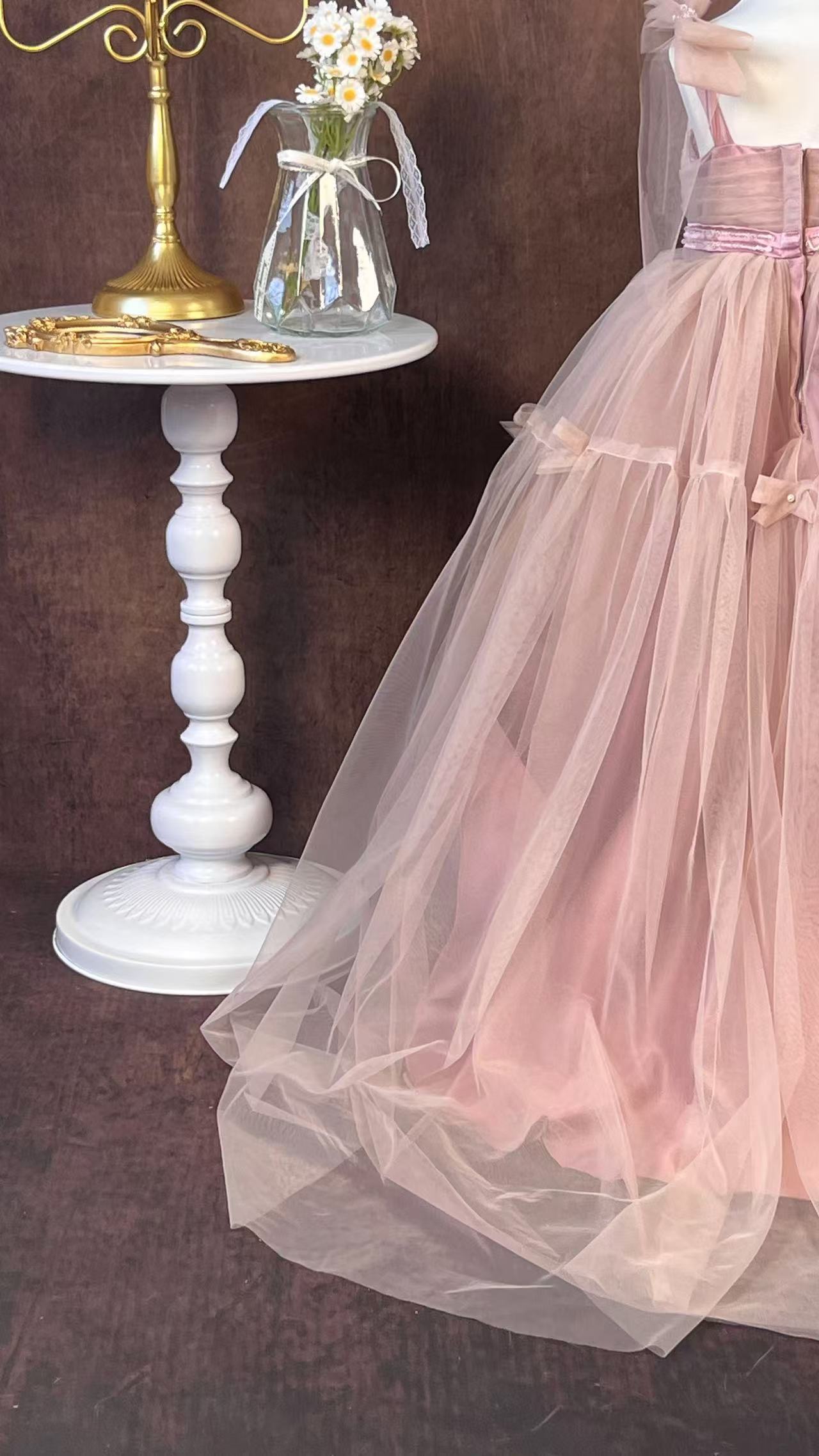 Fairy Flower Girl Dress for Wedding Pink Tulle Pageant Dress for Girls 7-16 Princess Junior Bridesmaid Dress with Bows