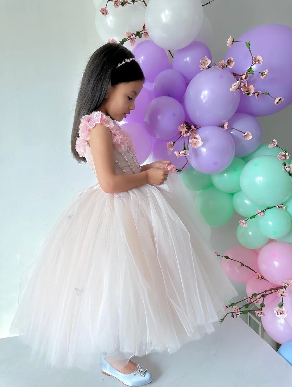 Pink Tulle Flower Girl Dress For Wedding Crystals Beads Birthday Party Dress