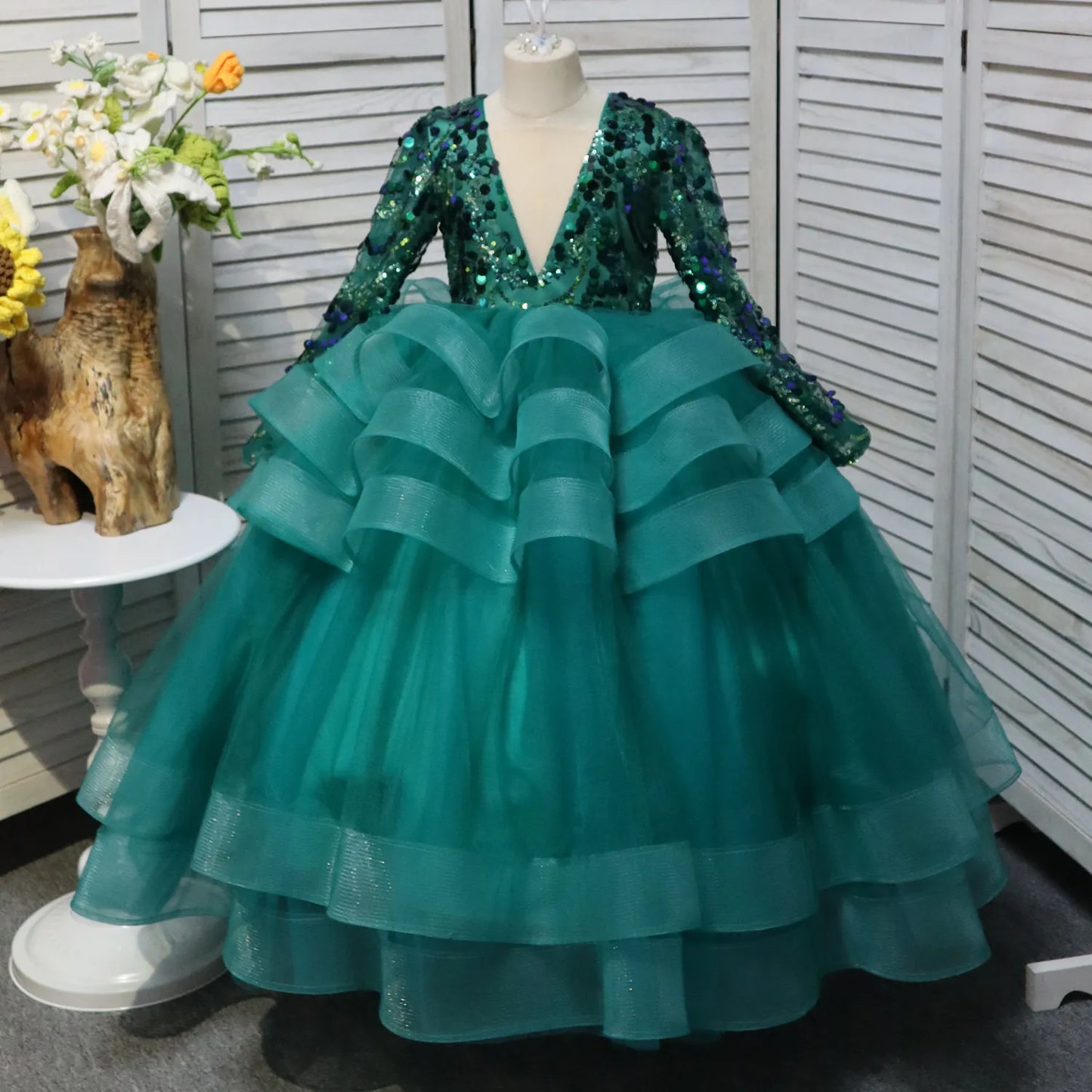 Dark Green V-neck Flower Girl Dress Long Sleeve Layers Ball Gown Princess Birthday Dress Sequin Christmas Party Dress