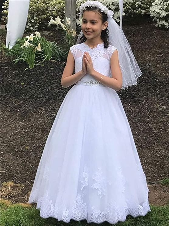 Tulle First Communion Dress Flower Girl Dress for Wedding Lace Up A line Puffy Appliques Girl Prom Dress
