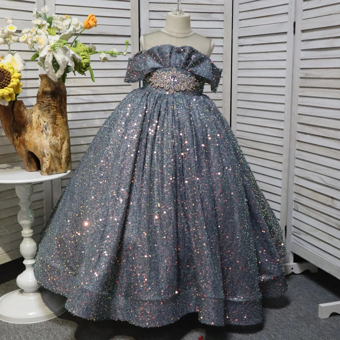 Grey-Blue One-Shoulder Long Flower Girl Dress with Sequins Birthday Party Dress Formal Occasions Princess Dress