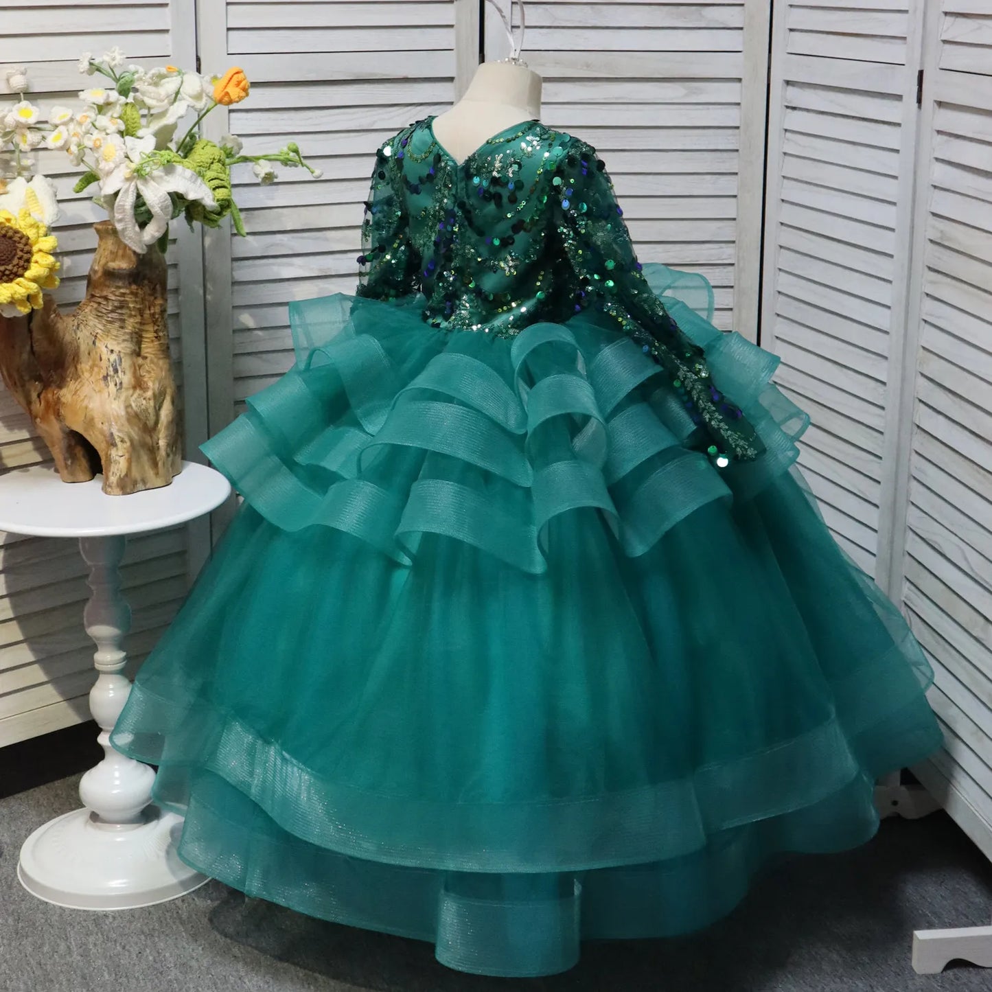 Dark Green V-neck Flower Girl Dress Long Sleeve Layers Ball Gown Princess Birthday Dress Sequin Christmas Party Dress