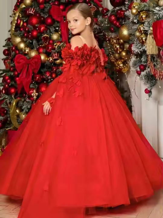 Tulle Flower Girls Dress Off The Shoulder Pageant Dresses Long Princess Birthday Formal Party Ball Gowns A Line