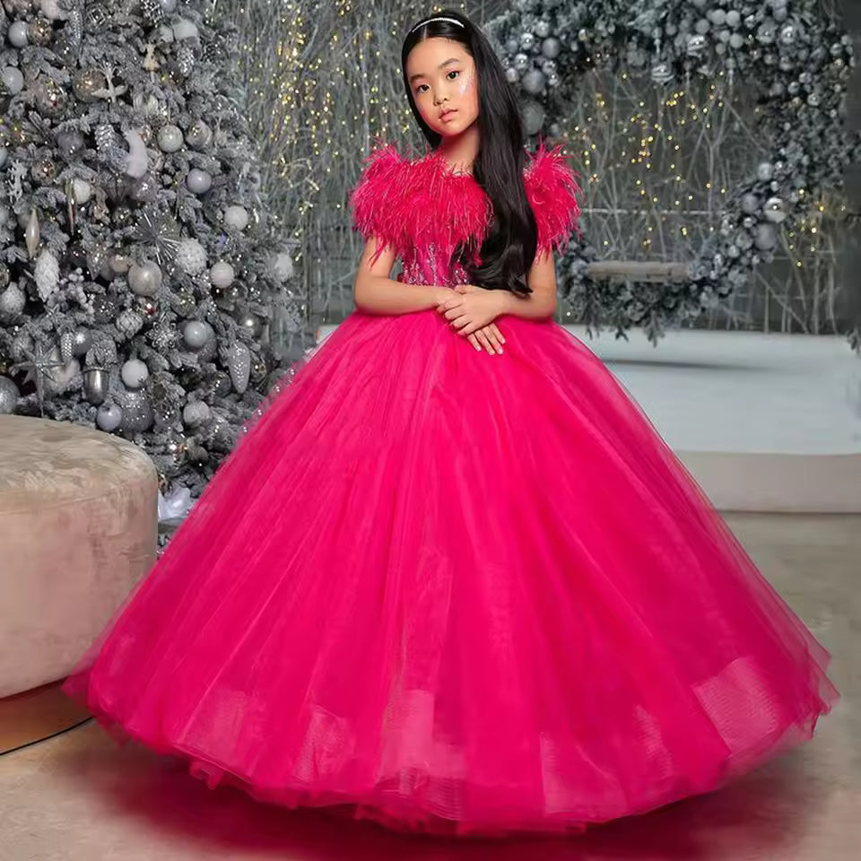Dark Pink Ball Gown Flower Girl Dress Scoop Beading Sequin Feather Puff Party Gowns for Kids Birthday First Communion Dresses