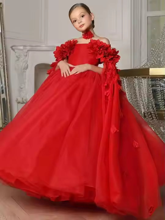 Tulle Flower Girls Dress Off The Shoulder Pageant Dresses Long Princess Birthday Formal Party Ball Gowns A Line