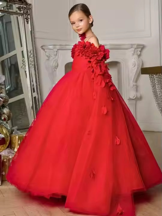 Tulle Flower Girls Dress Off The Shoulder Pageant Dresses Long Princess Birthday Formal Party Ball Gowns A Line
