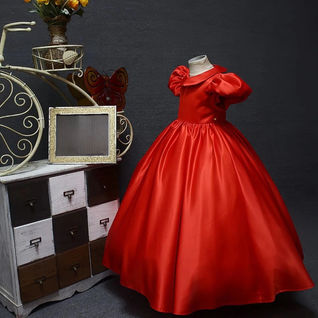 Satin Girl Red Long Doll Collar Dress Christmas Party Dress Hosted the Stage Show Cute Princess Dress