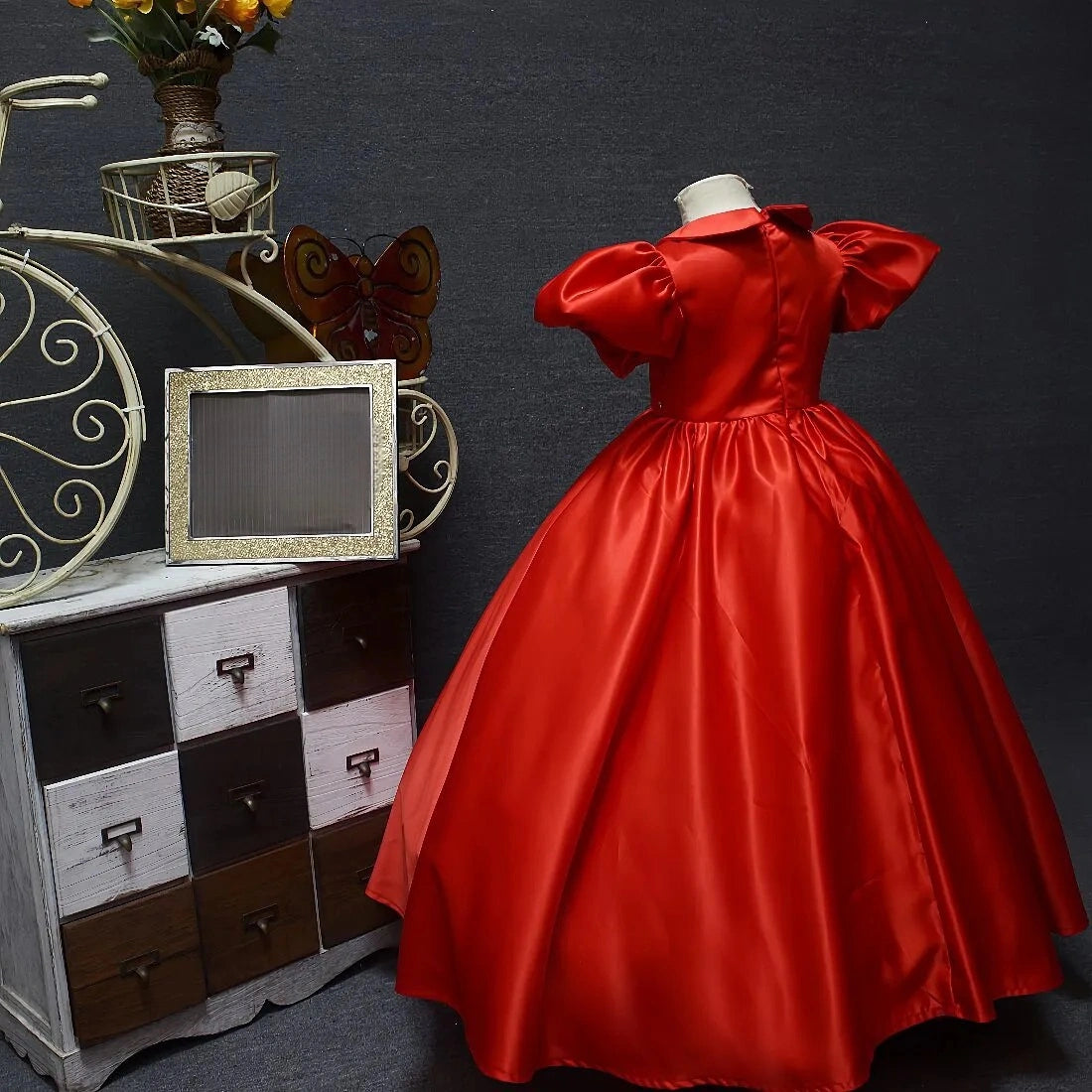 Satin Girl Red Long Doll Collar Dress Christmas Party Dress Hosted the Stage Show Cute Princess Dress