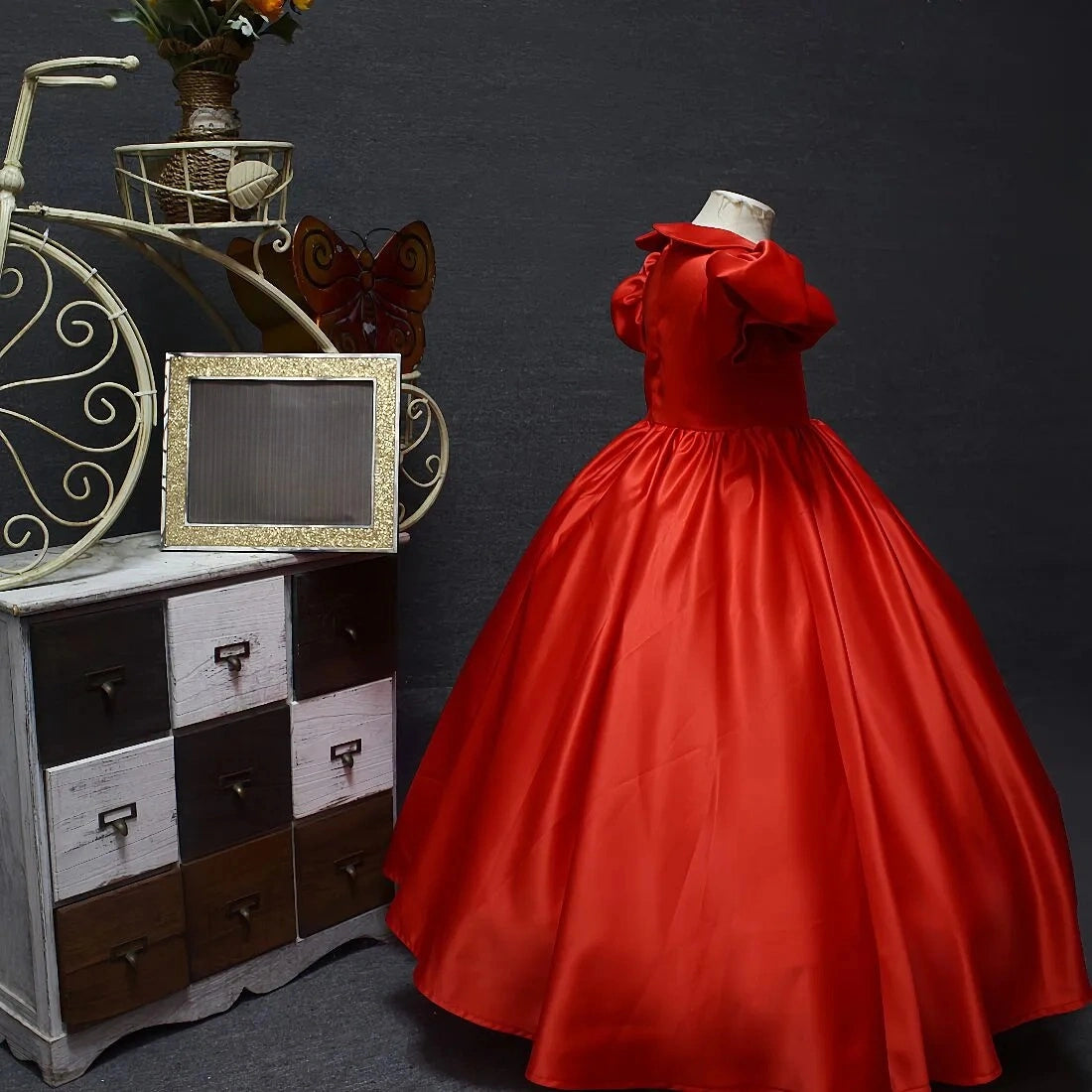 Satin Girl Red Long Doll Collar Dress Christmas Party Dress Hosted the Stage Show Cute Princess Dress