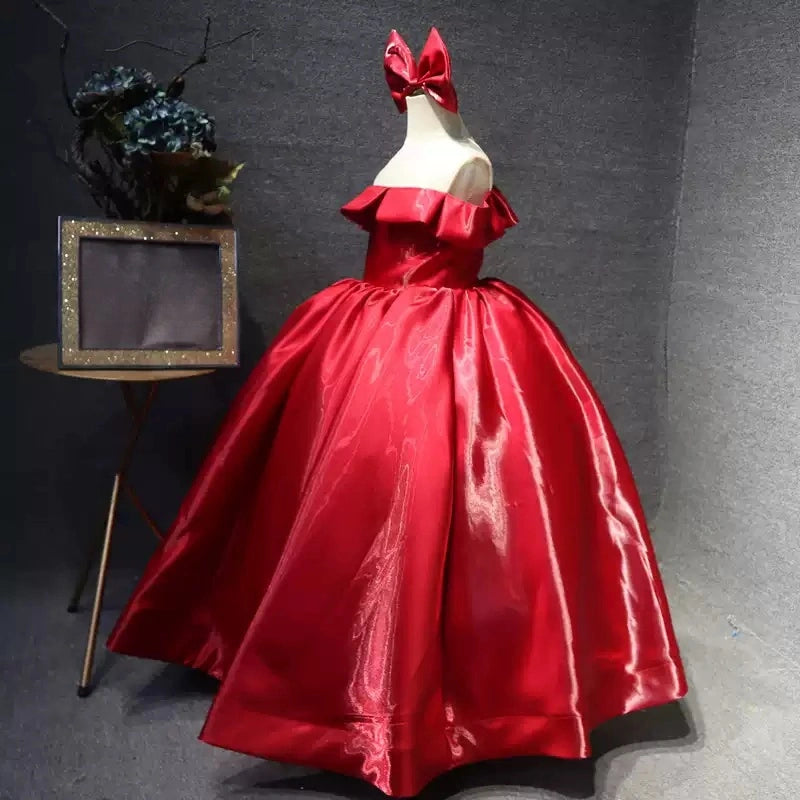 Four-Color Satin One-Shoulder Round-Neck Long Flower Girl Dress Christmas Party Dress