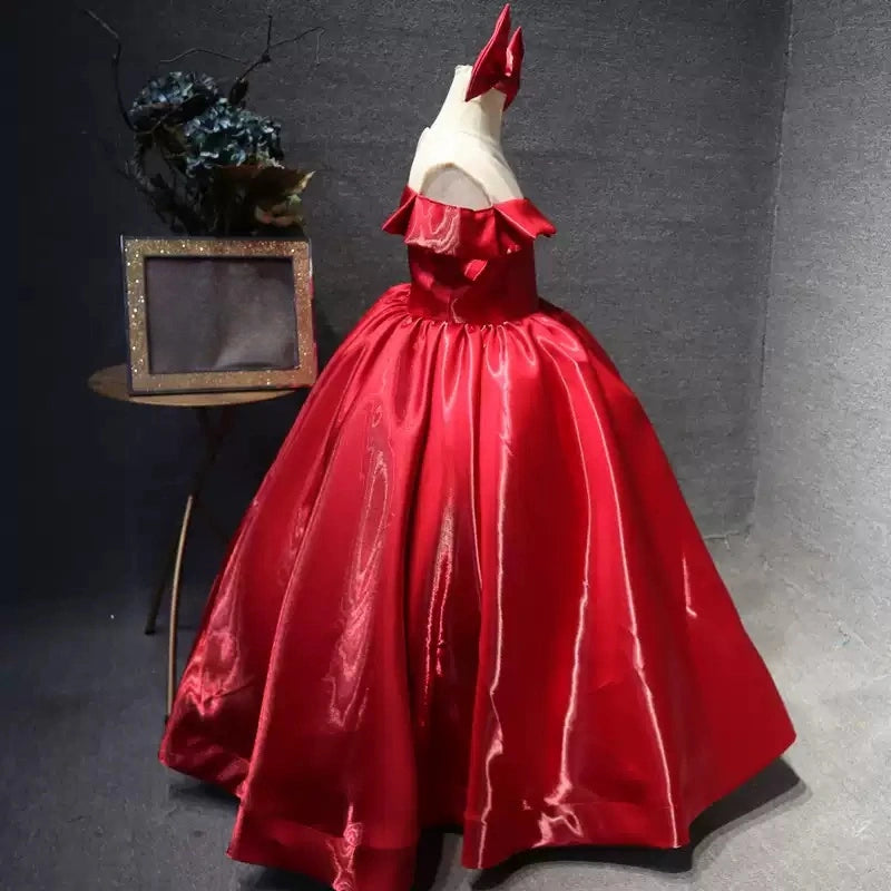 Four-Color Satin One-Shoulder Round-Neck Long Flower Girl Dress Christmas Party Dress
