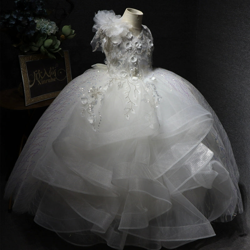 Flower Girl Dresses Lace Applique Kids Tulle Layered Floral Pageant Gowns for Weddings First Communion Dresses