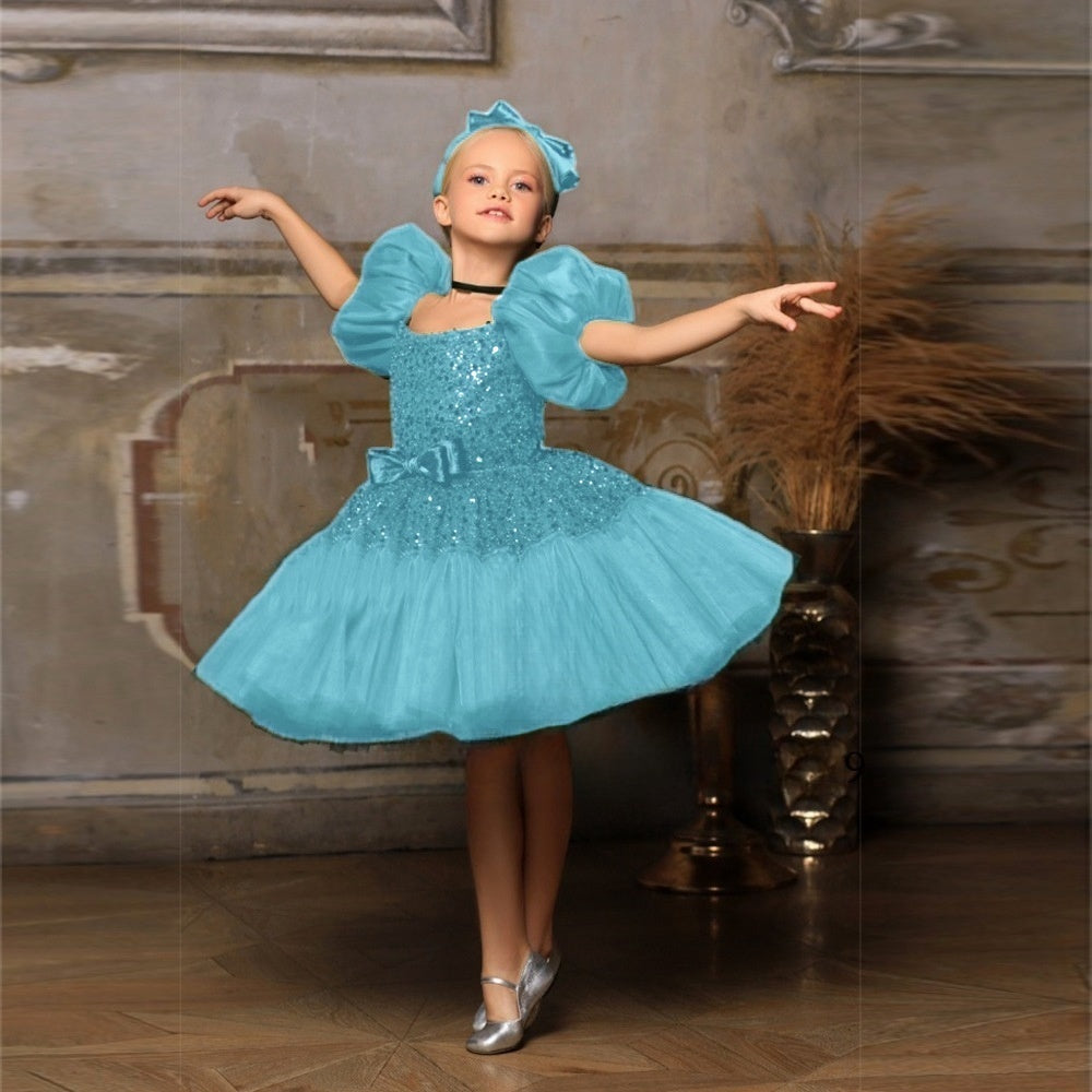 Sparkly Sequin Puffy Flower Girl Dresses Short Girls Pageant Prom Puff Sleeve Princess Bow Knot Birthday Party Dress