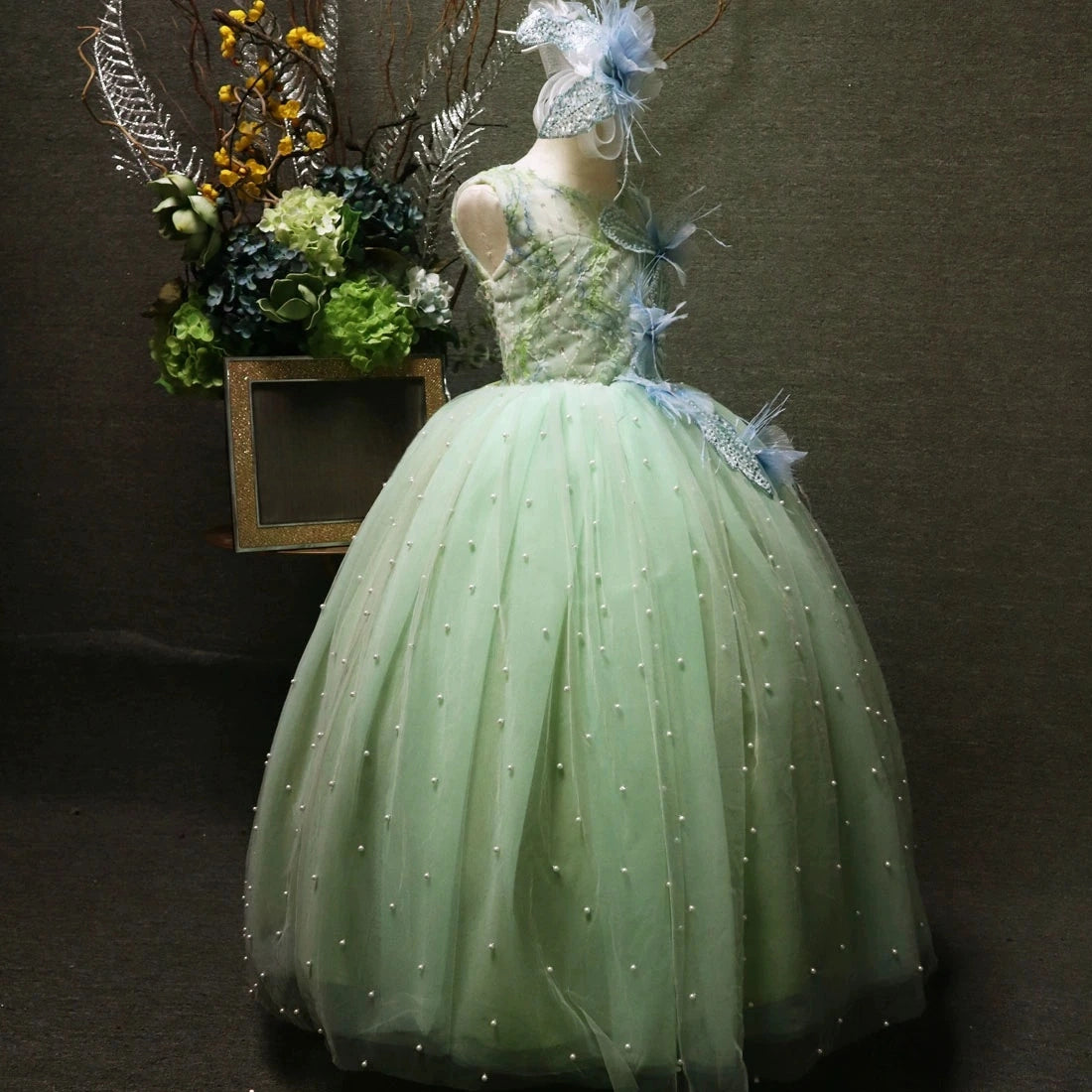 Feather Pearls Flower Girl Dress for Wedding Satin Tulle Kids Bridesmaid Dresses Princess Birthday Party Prom Gown with Bow-Knot
