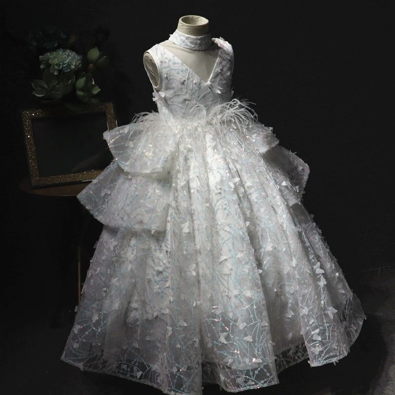 Sequin Organza Ruffles Quinceanera First Communion Dress Feather Applique Pageant Dress Teenage Flower Girl Dress for Wedding