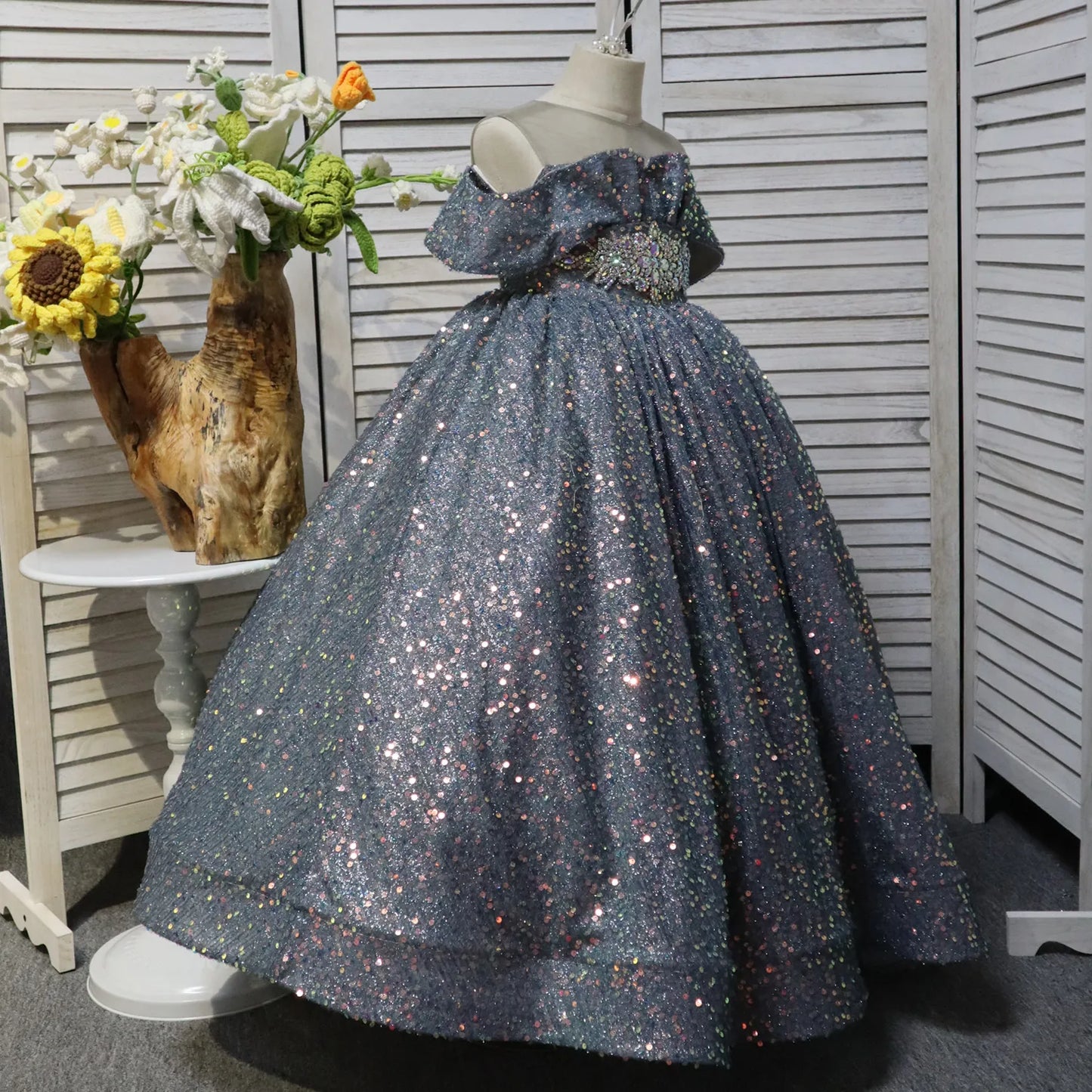 Grey-Blue One-Shoulder Long Flower Girl Dress with Sequins Birthday Party Dress Formal Occasions Princess Dress