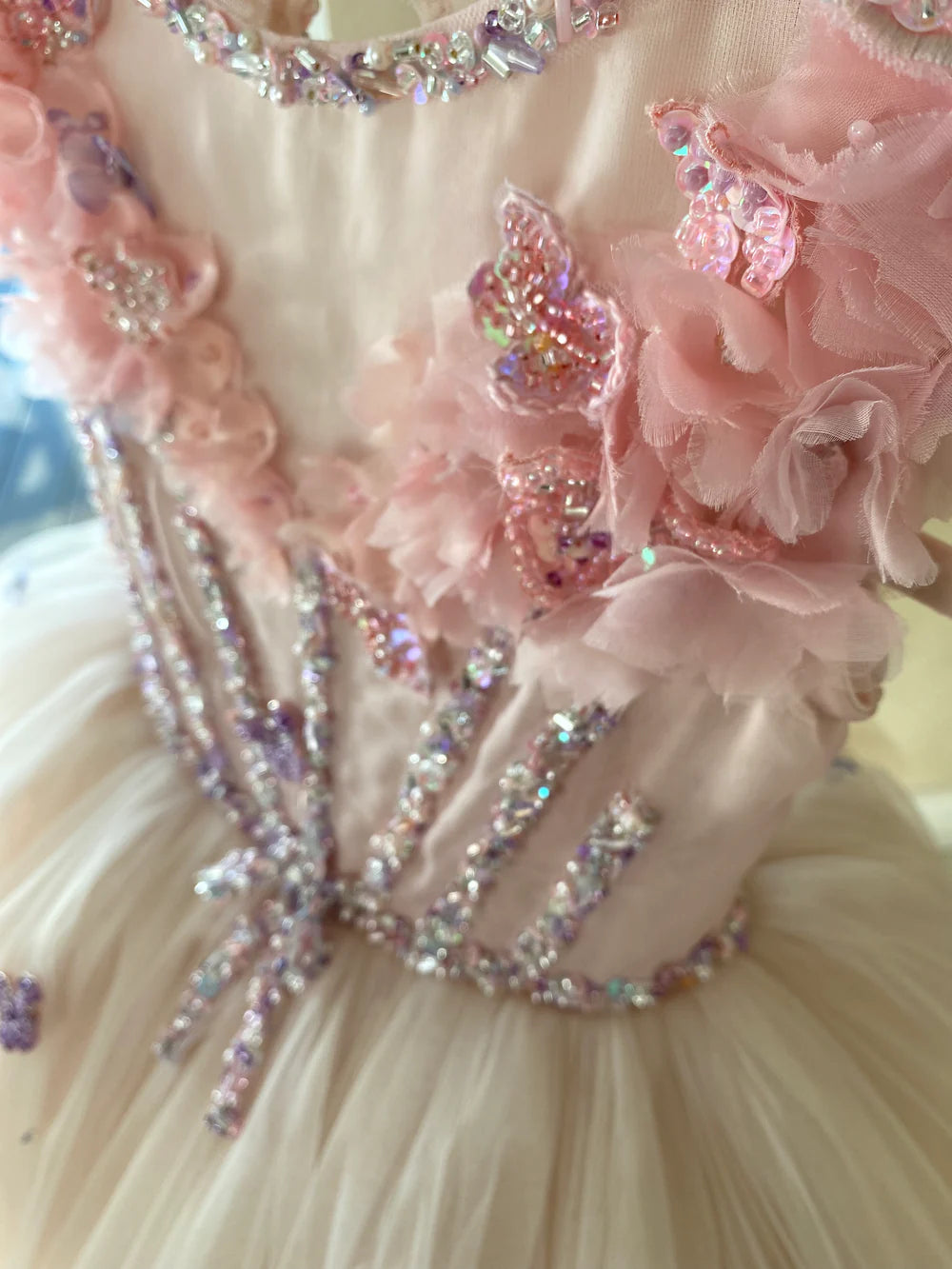 Pink Tulle Flower Girl Dress For Wedding Crystals Beads Birthday Party Dress
