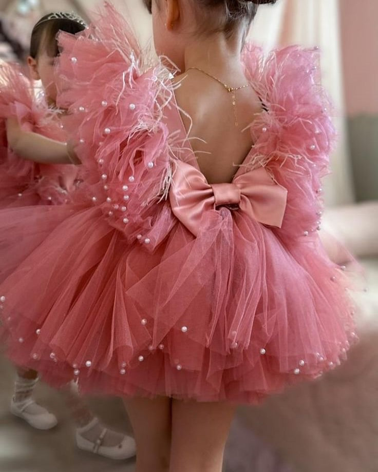 Pink Flower Girl Dresses Feathers Ruffles Girls Pageant Ball Gowns Pearls Birthday Party Dress for Kids