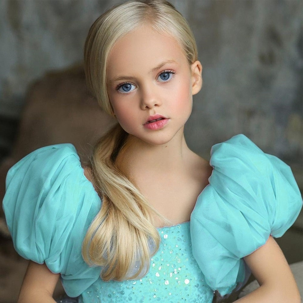 Sparkly Sequin Puffy Flower Girl Dresses Short Girls Pageant Prom Puff Sleeve Princess Bow Knot Birthday Party Dress