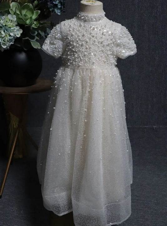 Simple Beige First Communion Dress Elegant Pearls Flower Girl Dress for Wedding