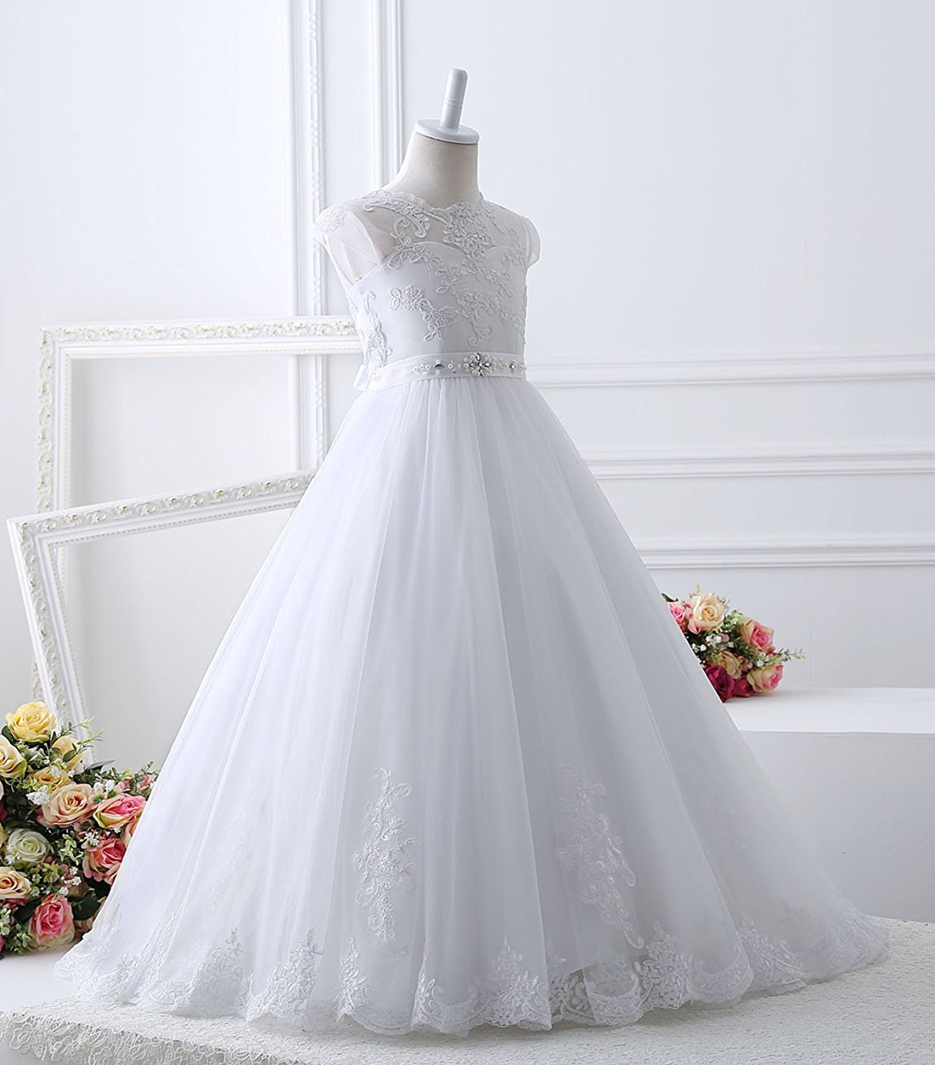 Tulle First Communion Dress Flower Girl Dress for Wedding Lace Up A line Puffy Appliques Girl Prom Dress