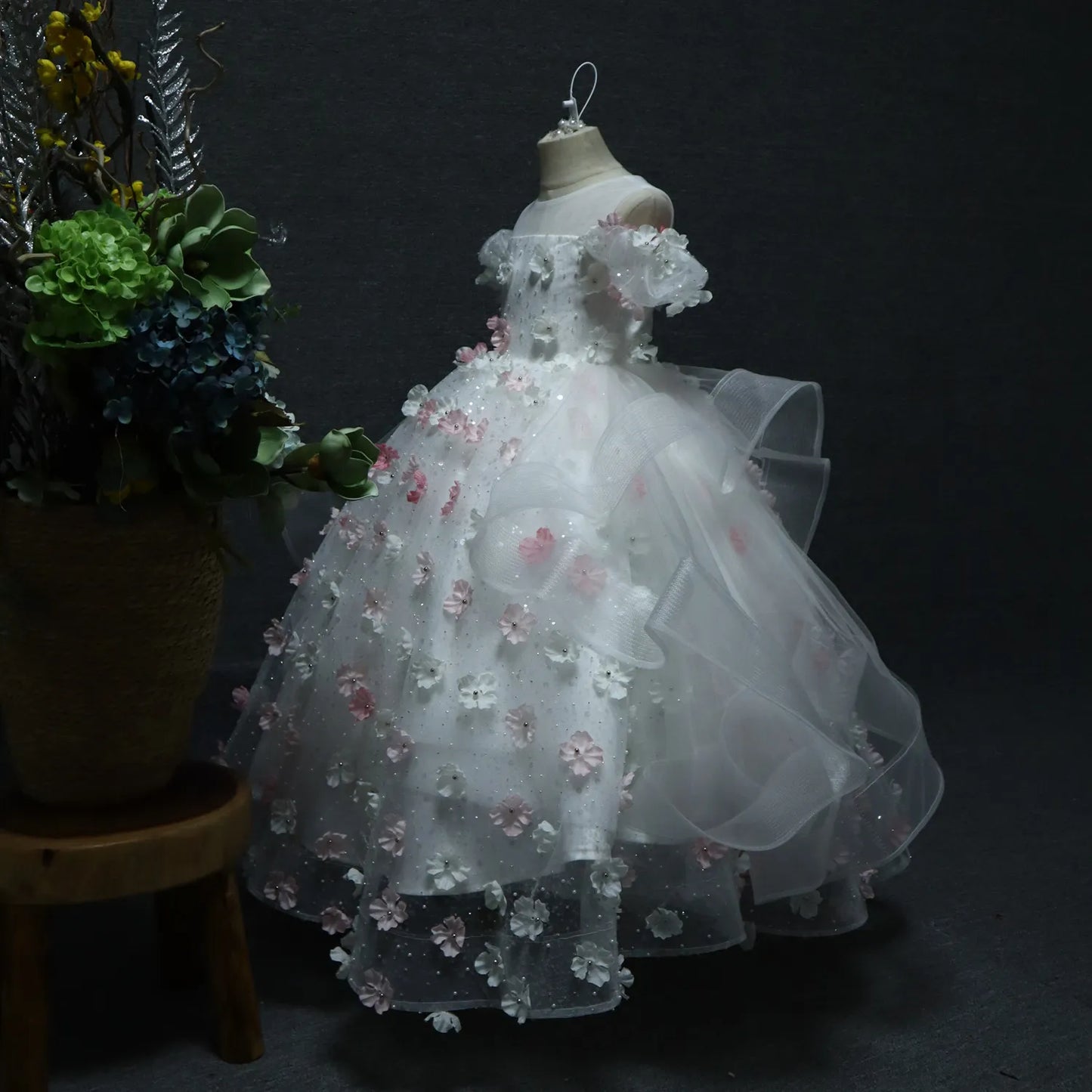 White Organza Long Floral Gril Princess Dress full flower Series Birthday Party  Flower Girl Dress for Wedding