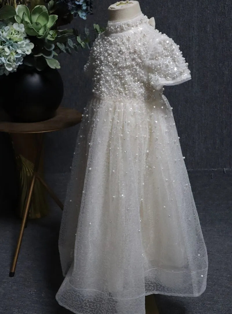 Simple Beige First Communion Dress Elegant Pearls Flower Girl Dress for Wedding