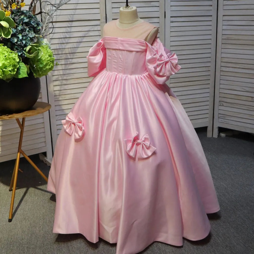 Pink Satin Bow Long Flower Girl Dress for Wedding First Communion Dress Birthday Party Dress