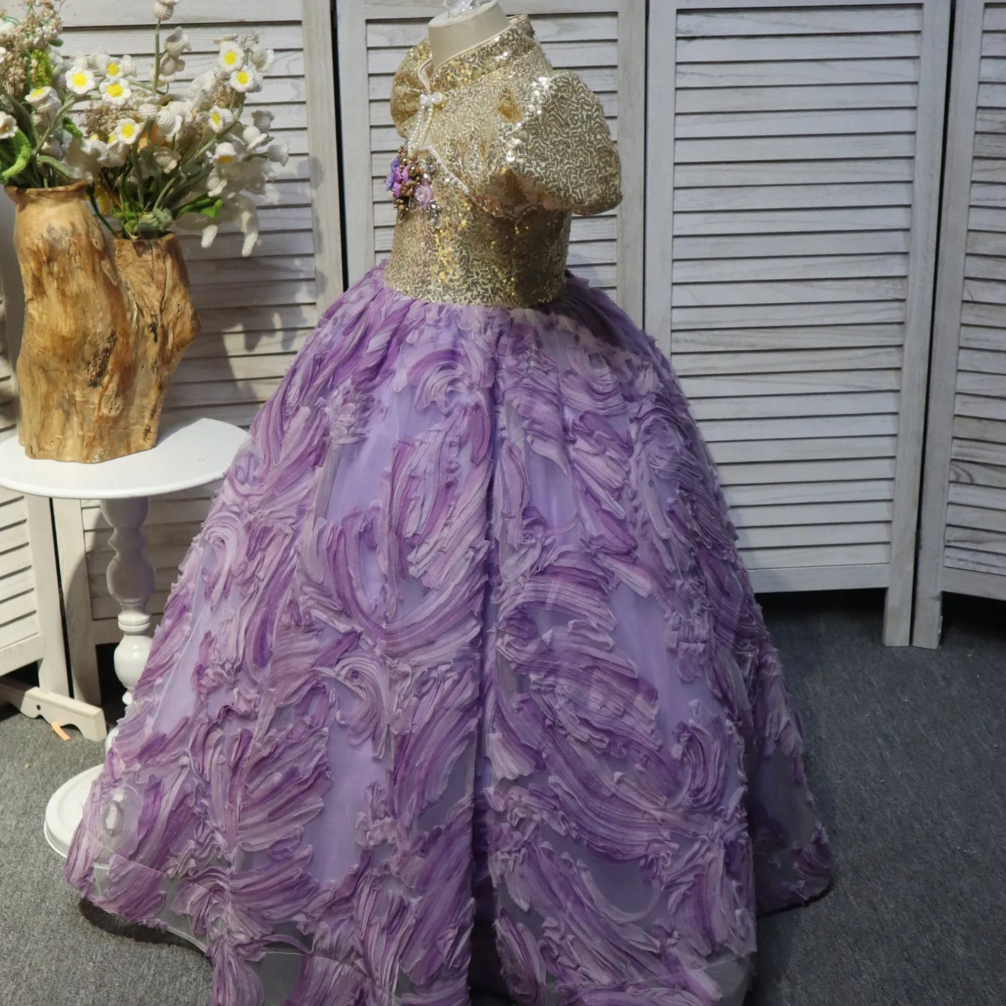 Yellow and Purple Chinese Collar Long Floral Dress for Flowery Children Flower and Pearl Design, suitable for weddings