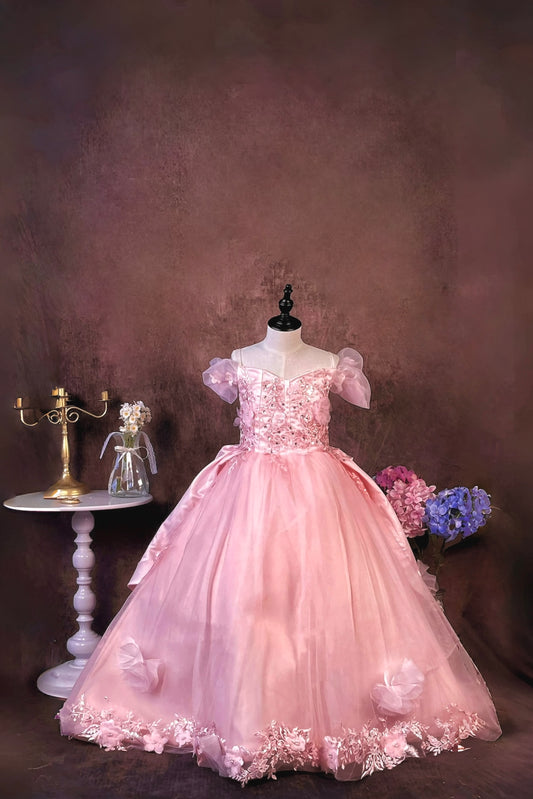 3D Flowers Quinceanera Dresses with Long Train Off Shoulder Ball Gown Ruffled Sleeves Puffy Princess Dress
