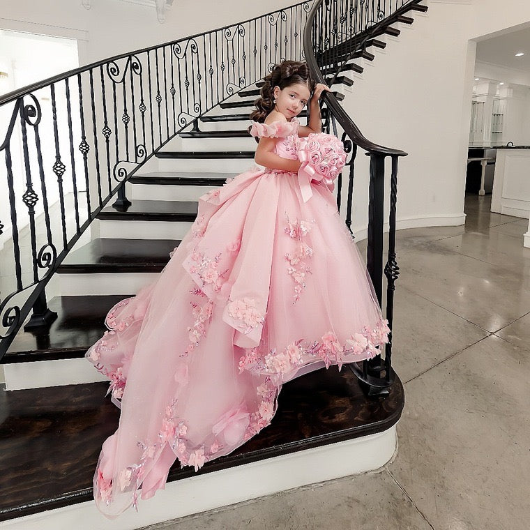3D Flowers Quinceanera Dresses with Long Train Off Shoulder Ball Gown Ruffled Sleeves Puffy Princess Dress