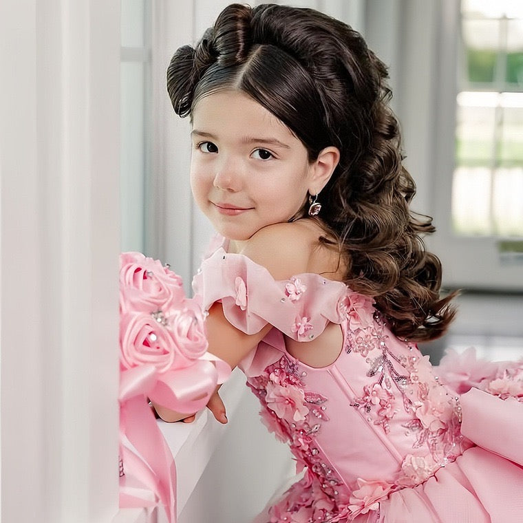 3D Flowers Quinceanera Dresses with Long Train Off Shoulder Ball Gown Ruffled Sleeves Puffy Princess Dress
