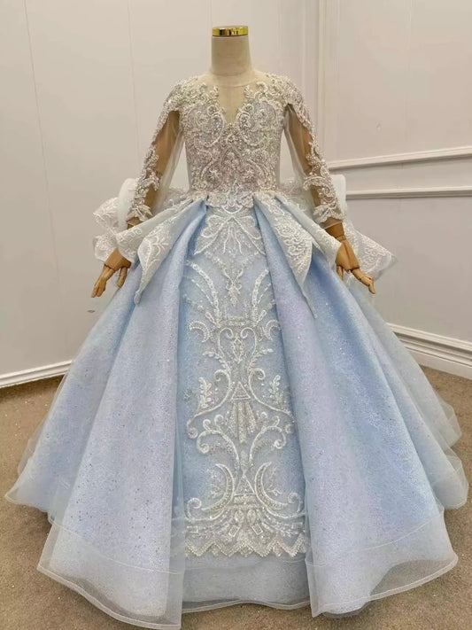 Light Blue Puffy Tulle Prom Dress V Neck Long Sleeve Princess Dress Lace Applique Beaded Glitter Birthday Party Dress