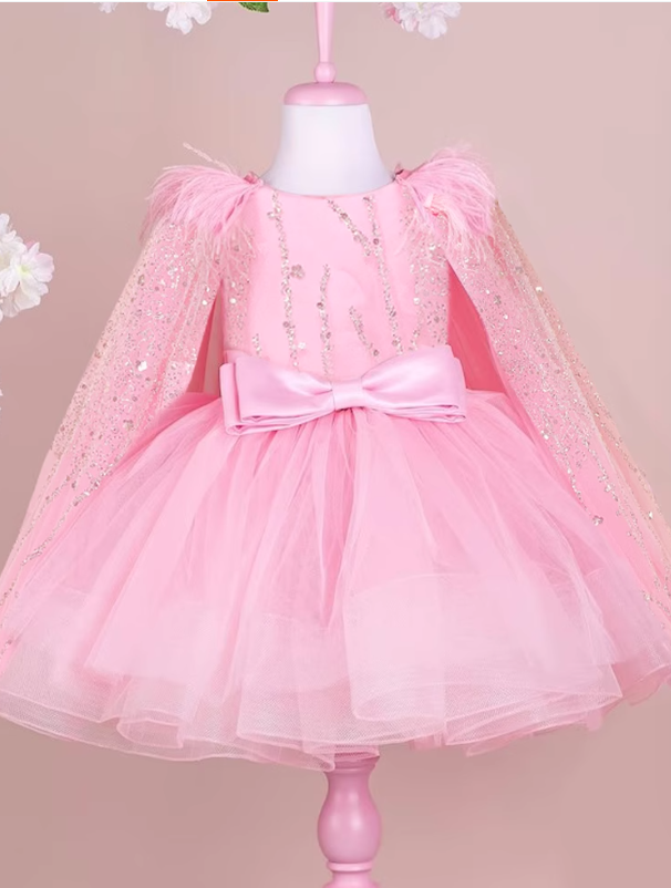 Sparkly Sequin Flower Girl Dresses Tiered Birthday Party Gowns Princess Glitter Pageant Dress with Feather Cloak