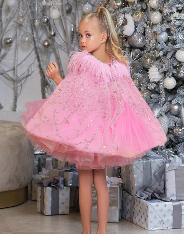 Sparkly Sequin Flower Girl Dresses Tiered Birthday Party Gowns Princess Glitter Pageant Dress with Feather Cloak