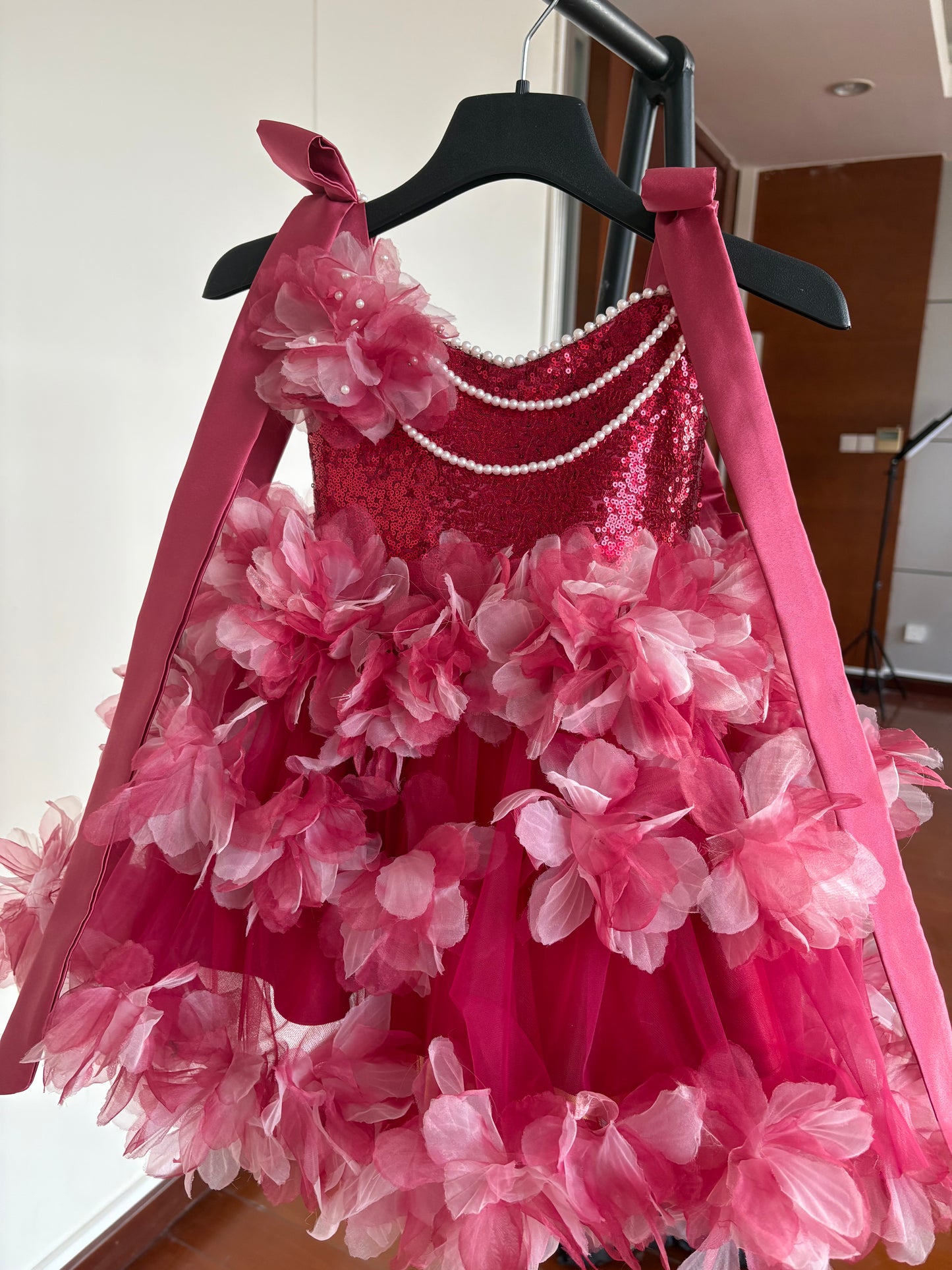 Sequin Flower Girl Dress with 3D Floral Appliqués, Tulle & Pearls – Short Party/Pageant Dress for Birthday