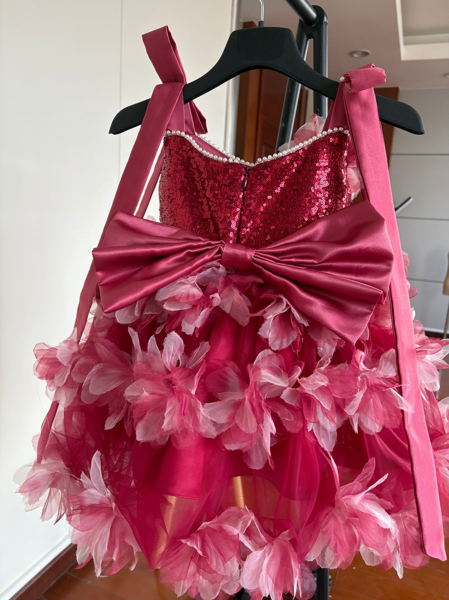 Sequin Flower Girl Dress with 3D Floral Appliqués, Tulle & Pearls – Short Party/Pageant Dress for Birthday