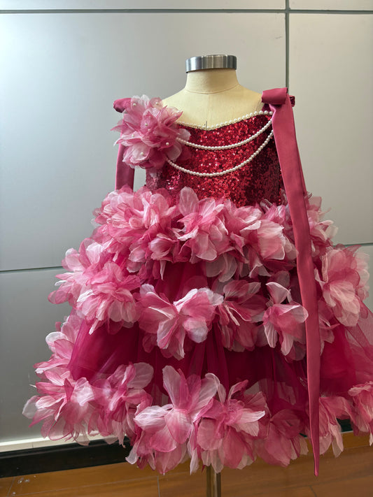 Sequin Flower Girl Dress with 3D Floral Appliqués, Tulle & Pearls – Short Party/Pageant Dress for Birthday