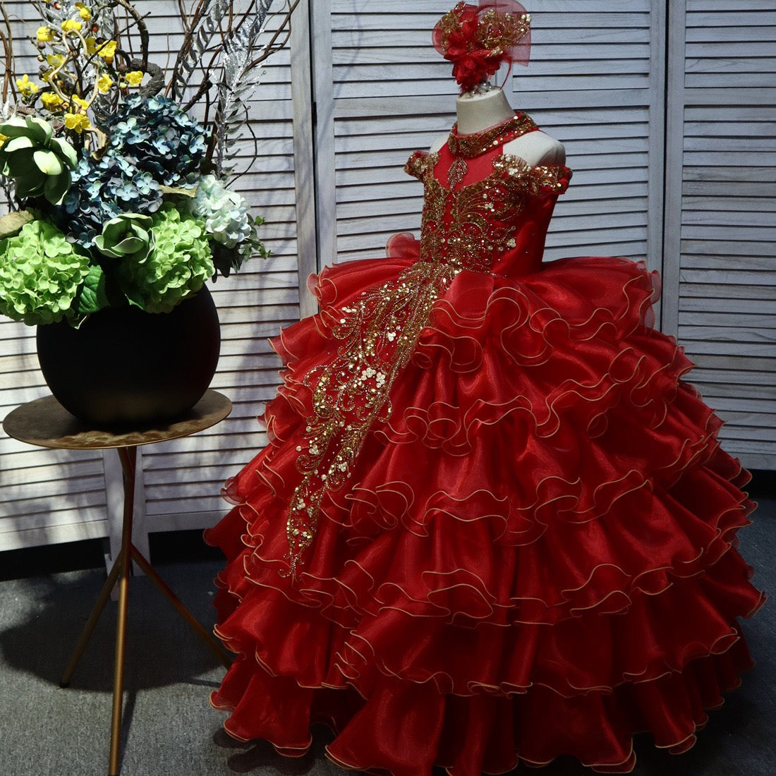 Sparkly Christmas Party Gold Embroidered  Ball Gown Ruffle Off Shoulder Quinceanera Prom Formal Dresses for Little Girls Toddler