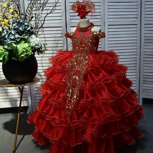 Sparkly Christmas Party Gold Embroidered  Ball Gown Ruffle Off Shoulder Quinceanera Prom Formal Dresses for Little Girls Toddler