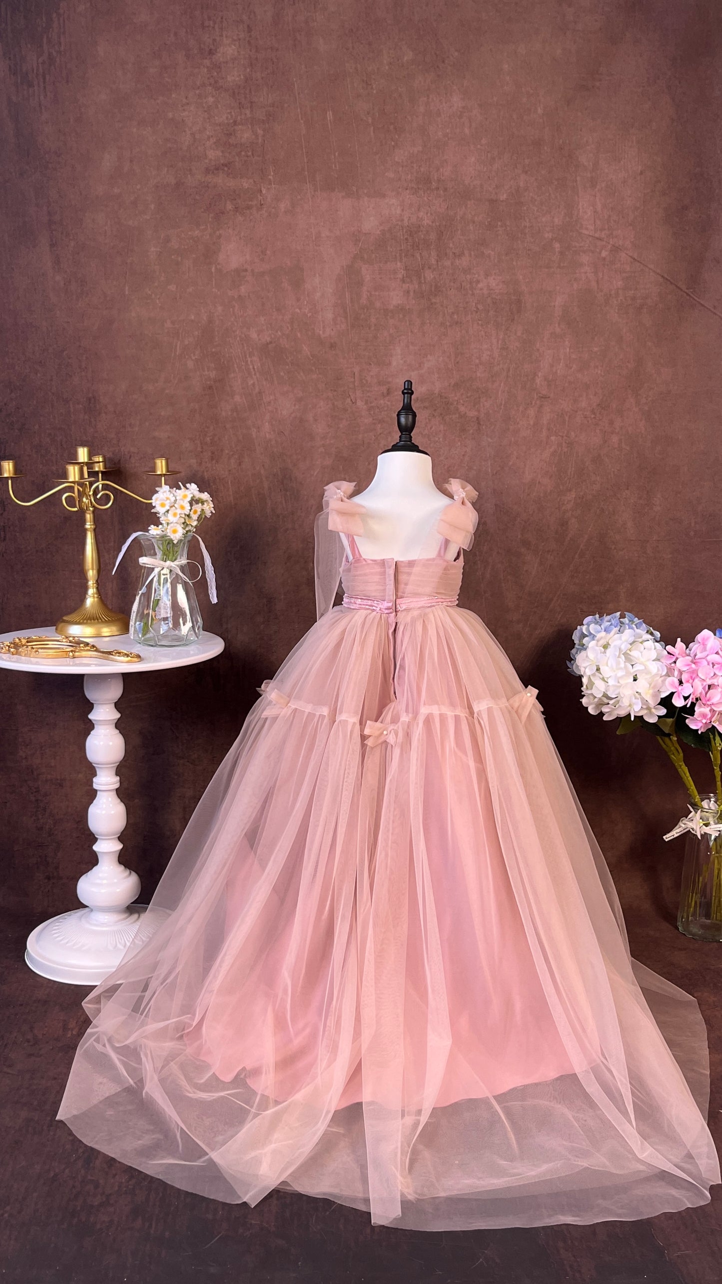 Fairy Flower Girl Dress for Wedding Pink Tulle Pageant Dress for Girls 7-16 Princess Junior Bridesmaid Dress with Bows