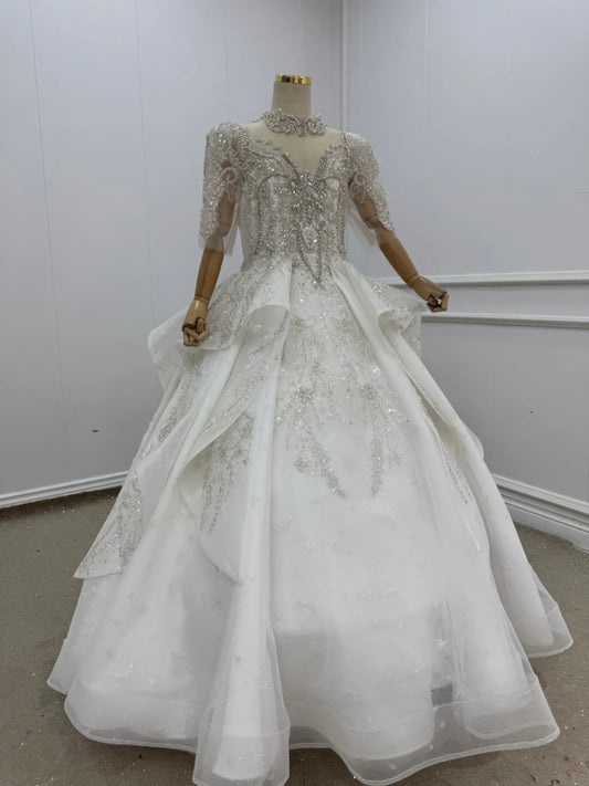 Beaded First Communion Dress Puffy Tulle Flower Girl Dress for Wedding Half Sleeve Princess Dress