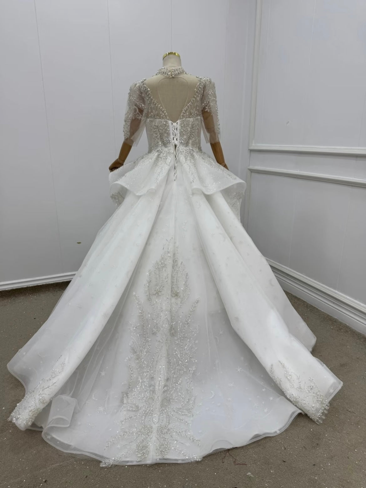 Beaded First Communion Dress Puffy Tulle Flower Girl Dress for Wedding Half Sleeve Princess Dress